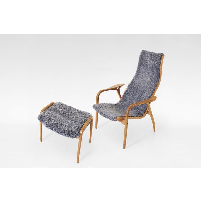 Wood Set of Vintage Grey Sheepskin Lamino Lounge Chair and Ottoman by Yngve Ekström for Swedese For Sale - Image 7 of 7