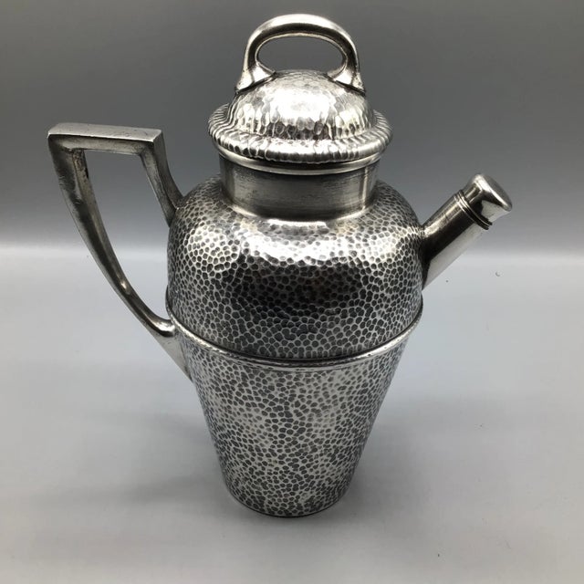 1930s Tea Pot Style Cocktail Shaker 1930’s T and T Nickel Silver Hand Hammered For Sale - Image 5 of 13