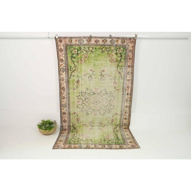 1970s 1970s Vintage Turkish Handmade Wool Cotton Green Area Rug For Sale - Image 5 of 13