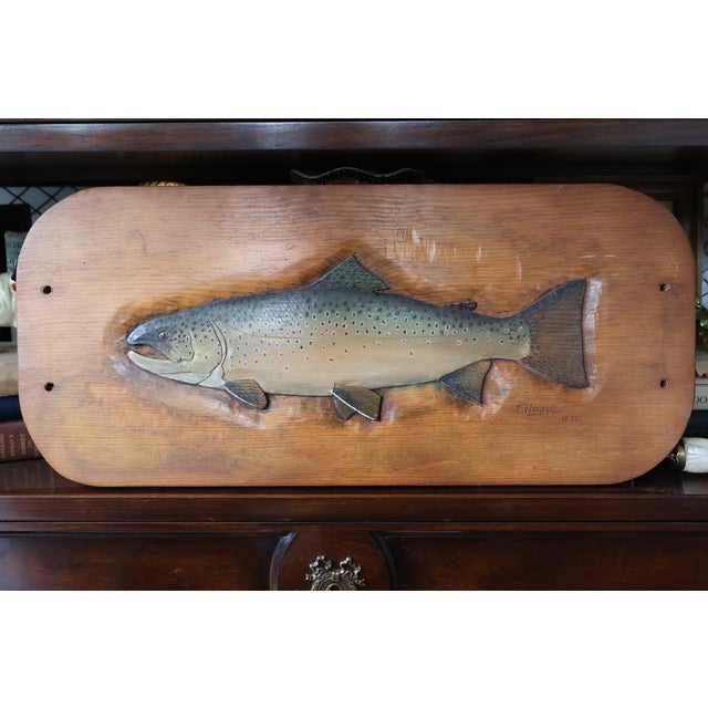1977 Signed Carved Wood Trout Wall Sculpture, Attributed to Terry Hague For Sale - Image 4 of 18