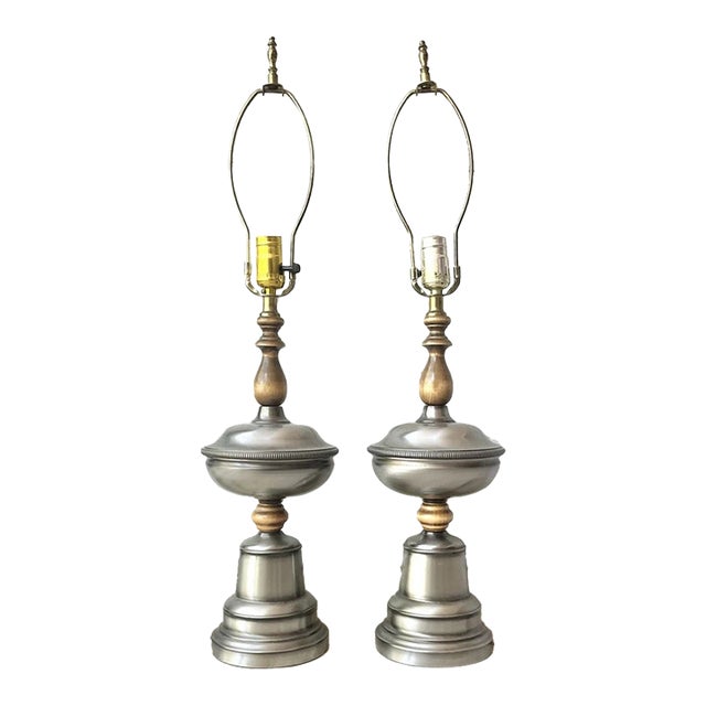 1960s Mid-Century Hollywood Regency-Style Wood & Gray Metal Leviton Lamps - a Pair For Sale