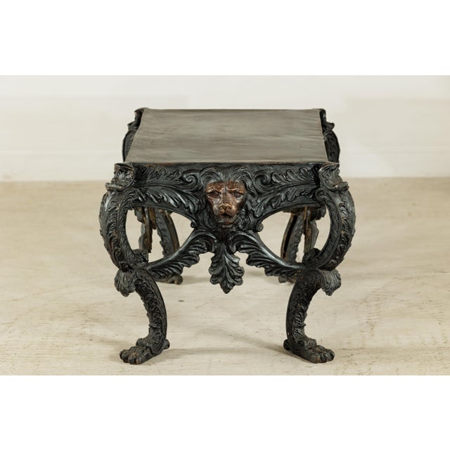 Asian Late 20th Century Bronze Table with Sculpted Lion Heads, Paw Feet, and Ornate Foliage Detailing For Sale - Image 3 of 18