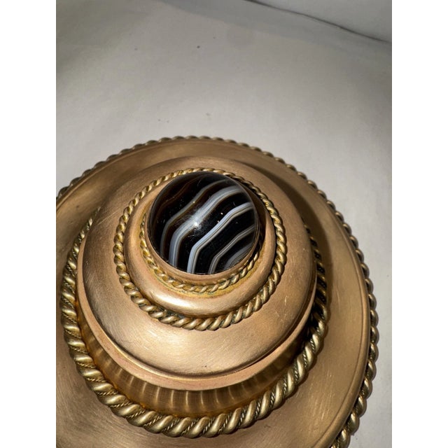 19th Century French Brass & Bronze Art Nouveau Inkwell With Art Glass Marble Top For Sale - Image 11 of 11