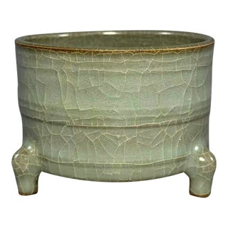 Chinese Celadon Tripod Censer, Elegant Crackle‑Glaze Ribbed Collectible Vessel For Sale
