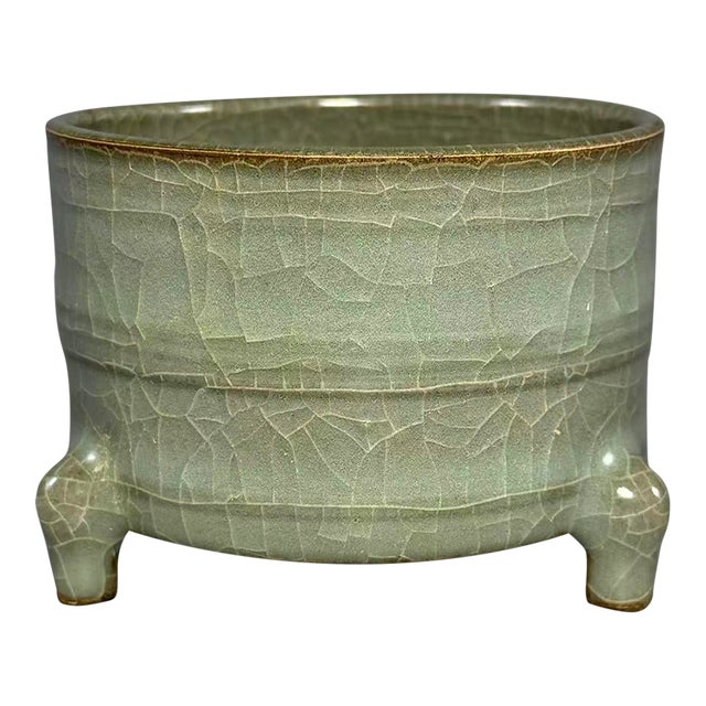 Chinese Celadon Tripod Censer, Elegant Crackle‑Glaze Ribbed Collectible Vessel For Sale
