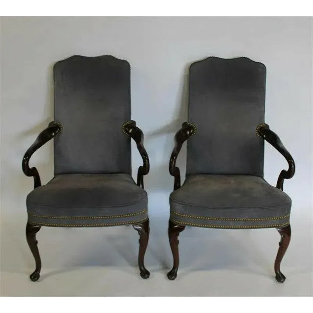 Queen Anne Hancock & Moore Mahogany Frame Gray Suede Leather Armchairs Nailhead Trim - a Pair For Sale - Image 3 of 11