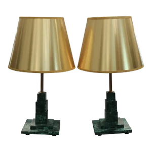 1960s Pair of Square Malachite Table Lamps With Gold Shades