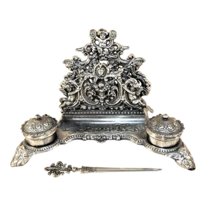 1950s Vintage Italian Silverplate Over Brass Inkwell and Opener