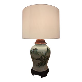 Mid 20th Century Large Asian Porcelain Landscape Table Lamp With Calligraphy – Wood Base & Cap For Sale