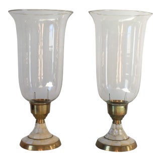 Vintage Brass & Glass Hurricane Candle Holders W/ Mother-of-Pearl Inlay - A Pair For Sale