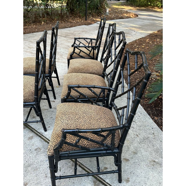 Textile Faux Bamboo Chinese Chippendale Style Dining Chairs – Set of 6 Including 2 Armchairs, 4 Side Chairs, Leopard Upholstery For Sale - Image 7 of 12
