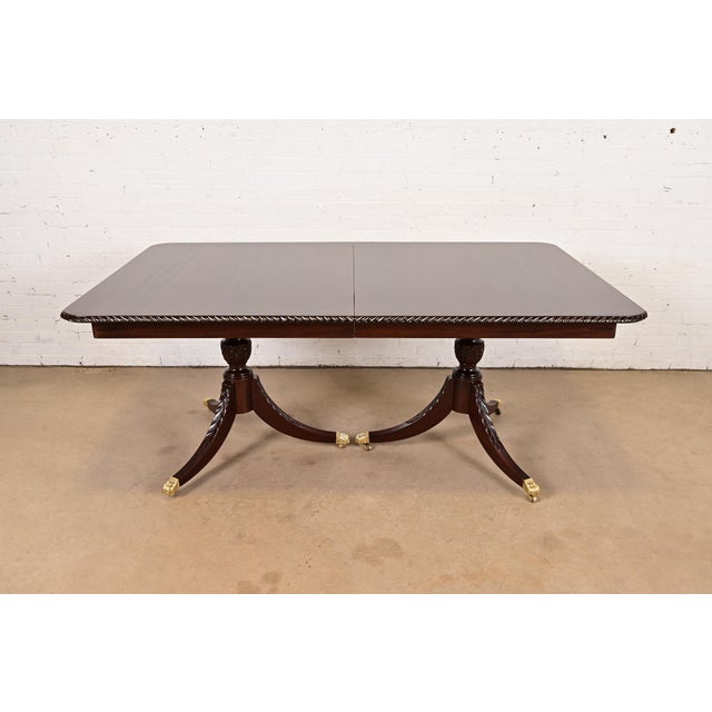 Baker Furniture Style Georgian Mahogany Double Pedestal Extension Dining Table, Newly Refinished For Sale - Image 15 of 15