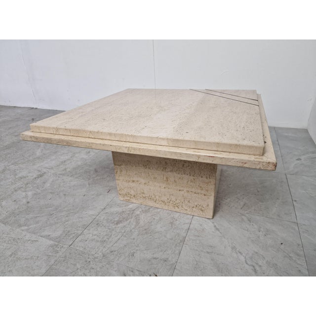 Vintage travertine coffee table or side table with brass inserts. Beautiful timeless piece. Small chip to one corner 1970s...