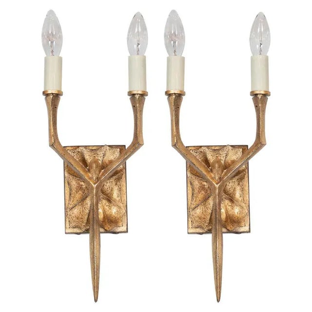 Modernist Brutalist 24-Karat Yellow Gold Gilded Two-Arm Branch Sconces - a Pair For Sale - Image 12 of 12