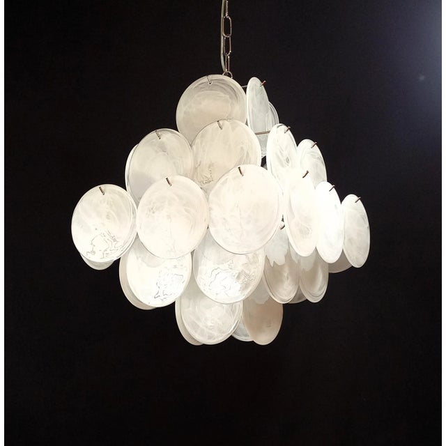 Metal Vintage Handmade Square Iridescent Alabaster Murano Glass Discs Chandelier, 1981 For Sale - Image 7 of 10