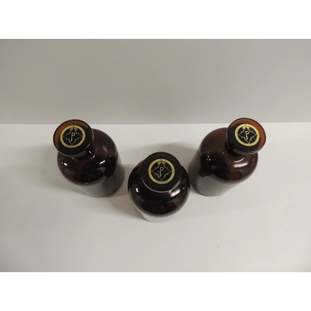 Vintage Amber Color Glass Pharmacy Apothecary Bottles - Set of 3 Matching stoppers and labeled "P" Phoreus Size: 3.25"D x 7"H