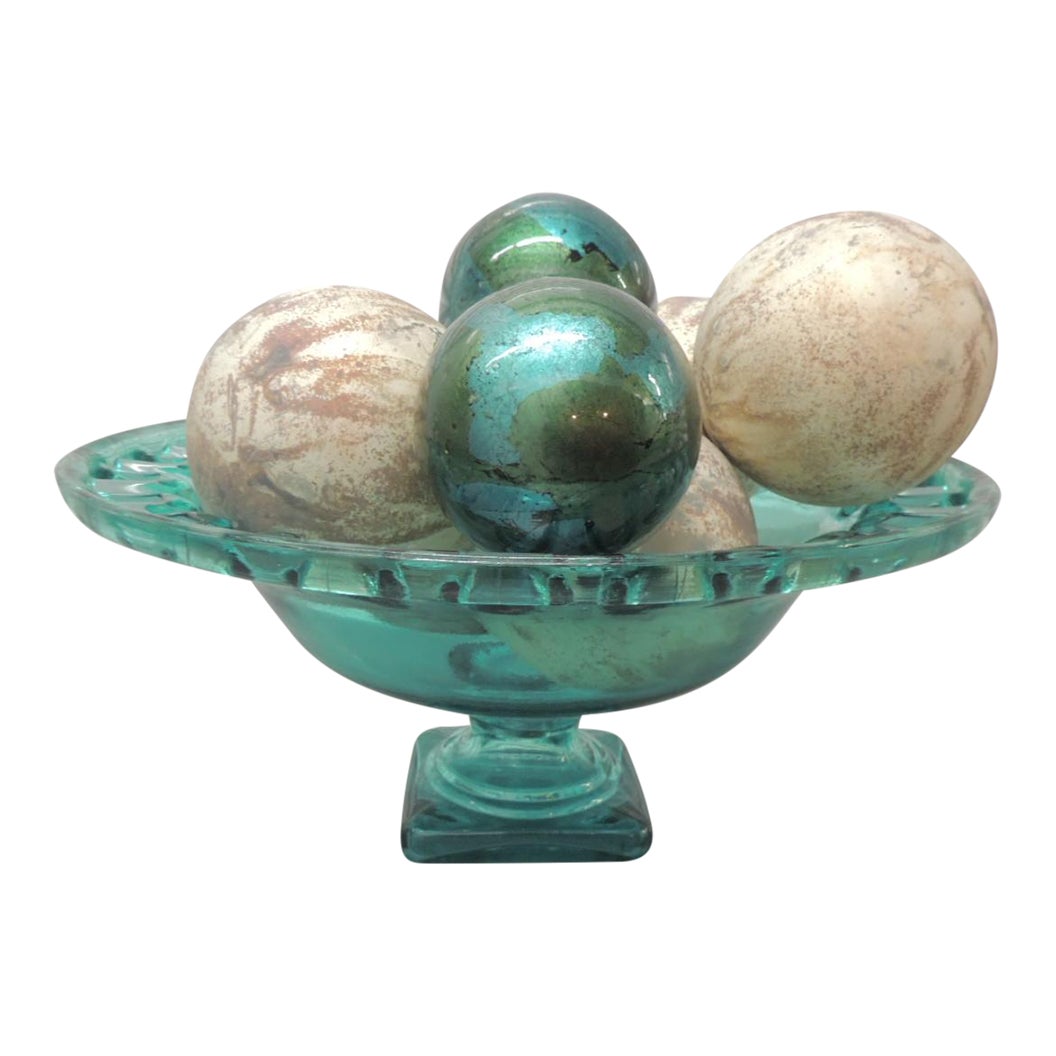Vintage Emerald Green Glass Footed Bowl With Decorative Glass Spheres