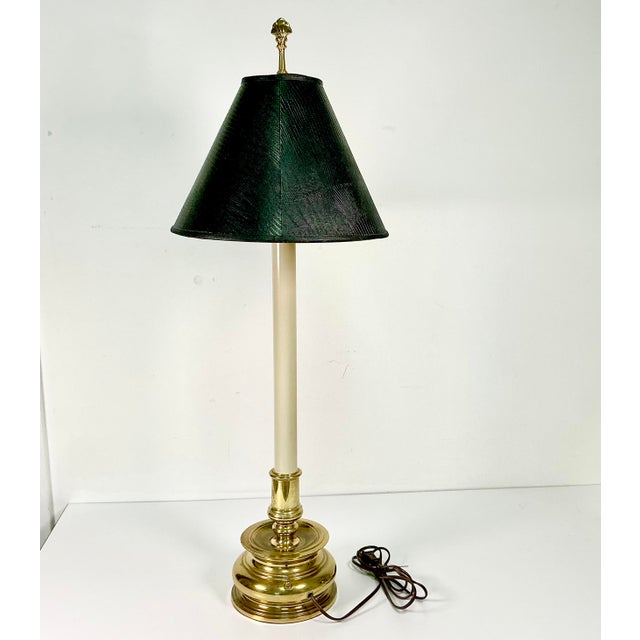 Mid-Century French Regency Neoclassical Candlestick Table Lamp & Reptile Embossed Black Shade For Sale - Image 9 of 13