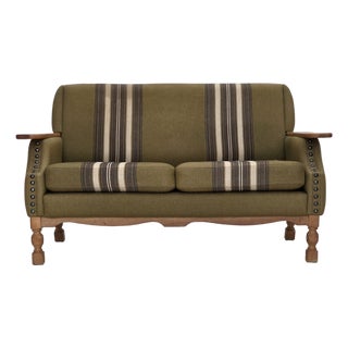 Danish 2-Seater Sofa in Green Wool and Oak, 1970s For Sale