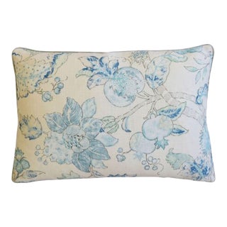 Aquamarine Blue Floral Botanical Linen Feather/Down Pillow 21" X 16" For Sale