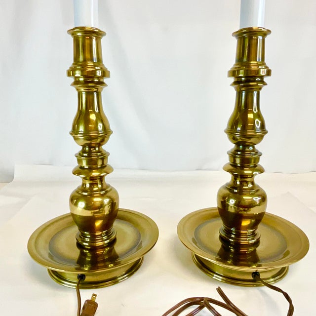 1970s Hollywood Regency Boho Chic Stiffel Brass Candle Stick Style Table Lamps - A Pair, Dual Sockets For Sale - Image 11 of 12