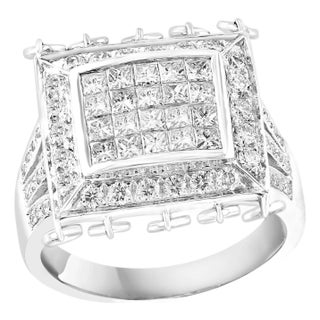 1.9 Ct Micro Pave Diamond 18 Karat White Gold Hanging Diamond Ring Size 6.5 For Sale