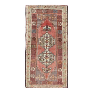 Mid 20th Century Mid 20th Century Soft Red and Green Vintage Turkish Oushak Rug With Sub-Geometric Dual Medallions For Sale