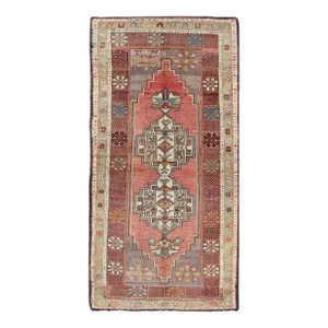 Mid 20th Century Mid 20th Century Soft Red and Green Vintage Turkish Oushak Rug With Sub-Geometric Dual Medallions