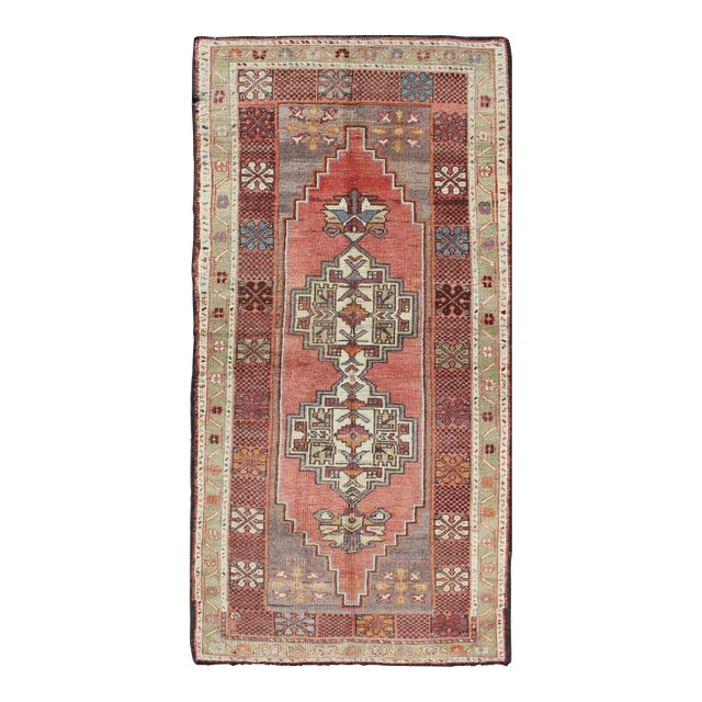 Mid 20th Century Soft Red and Green Vintage Turkish Oushak Rug With Sub-Geometric Dual Medallions For Sale