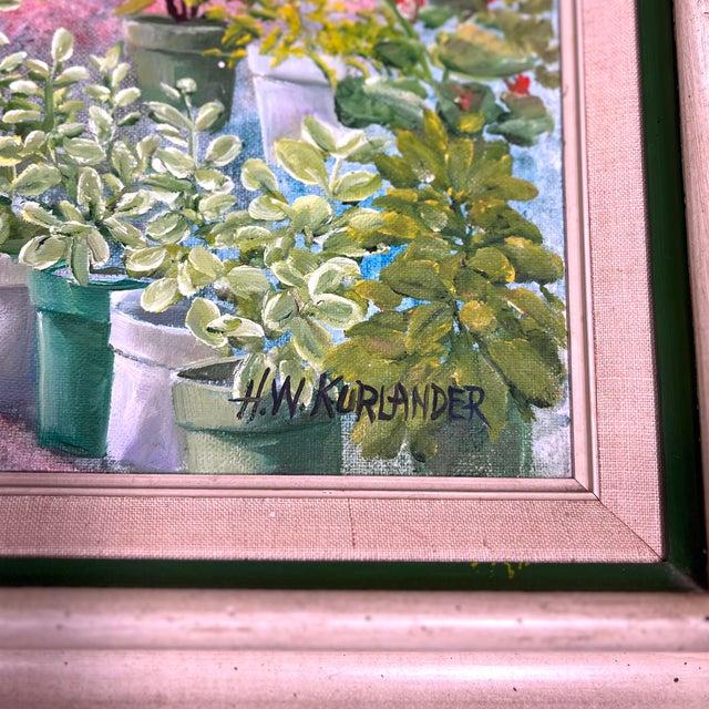 This exceptional 1970s original oil on canvas by noted American artist Honey W. Kurlander depicts a vibrant, lush interior...