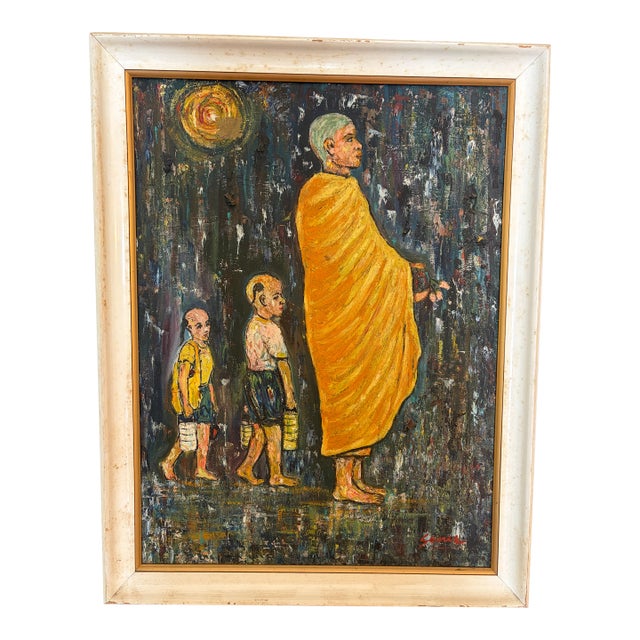1960s Mid-Century Thai Impasto "Monk" Oil Painting by Saneh – Bangkok For Sale