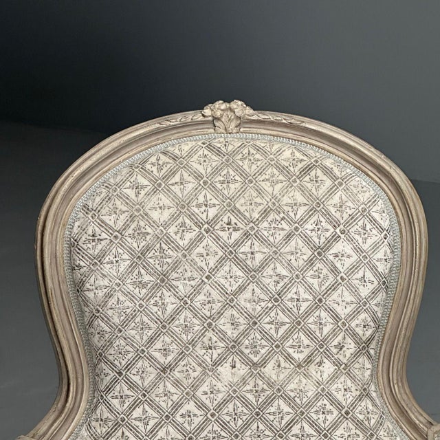 Louis XV Style, Bergère Chairs, Grey Painted Wood, Fabric, France, 1890 For Sale - Image 10 of 18