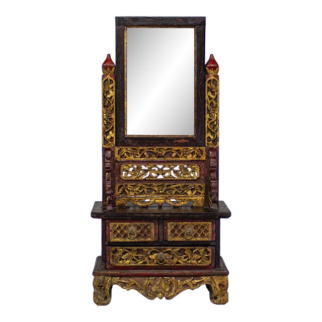 Late 19th to 20th Century Indonesian Maduran Tabletop Jewelry Case or Vanity Mirror W/Chest For Sale