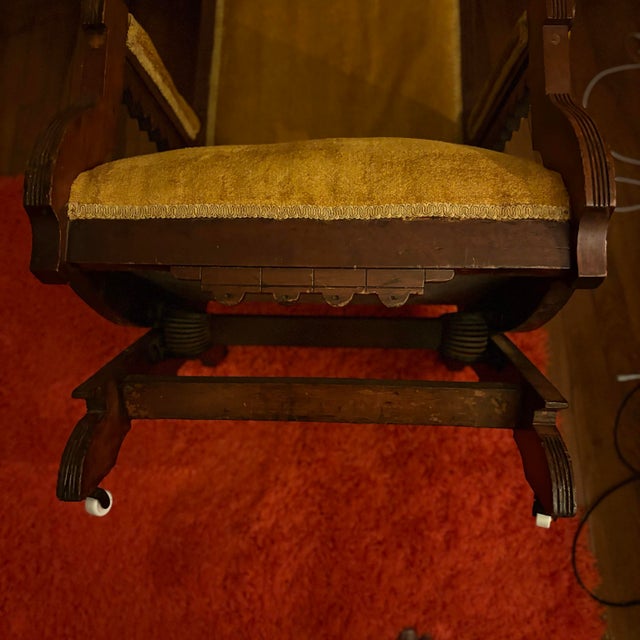 Antique Eastlake Victorian Platform Rocking Chair | Walnut | Original Gold Velvet | For Sale In Houston - Image 6 of 6