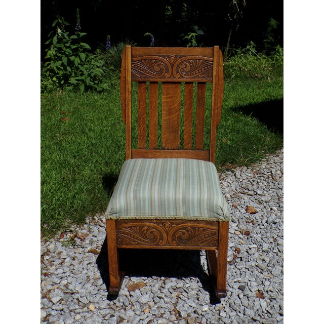 Antique Arts & Crafts Art Nouveau Mission Solid Oak Rocker Rocking Chair For Sale - Image 4 of 17