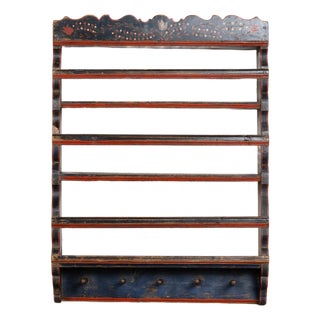 19th Century Original Blue Painted Hanging Wall Display Shelf Plate Rack For Sale