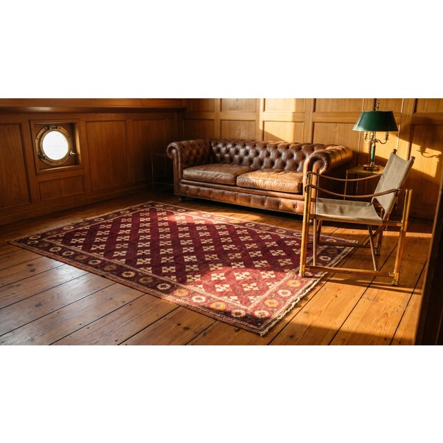 Burgundy 1930s Red Burgundy 4 Pointed Star Antique Indian Agra Rug 4' 0" X 6' 6" Handknotted Wool Carpet For Sale - Image 8 of 9