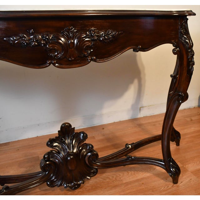 Wood 1880s Antique French Louis XV Hand Carved Walnut & Marble Top Console Sofa Table For Sale - Image 7 of 18