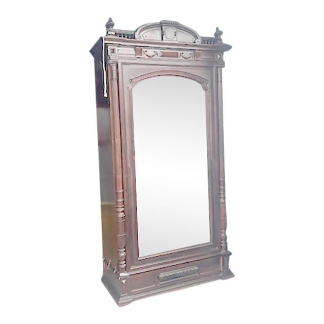 Rosewood Antique French Louis XV Rococo Mirrored Armoire For Sale