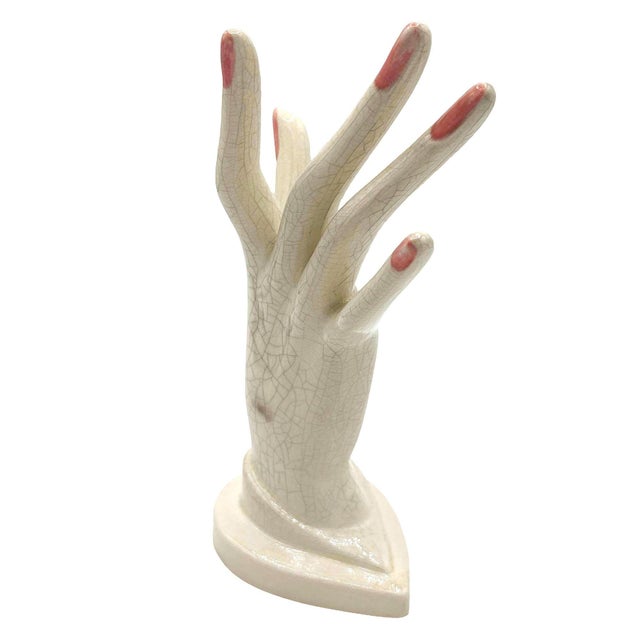 1950s 1950s California Pottery White Pink Figurative Female Hand Ring Holder For Sale - Image 5 of 8