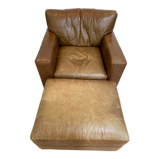 Crate & Barrel Axis II Leather Chair and Ottoman in Amaretto For Sale