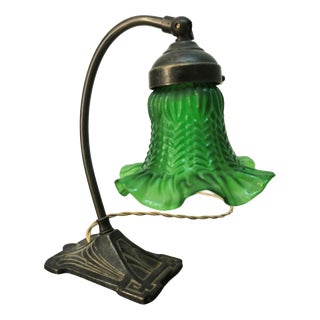 Brass Table Lamp with Green Glass, 1960s For Sale