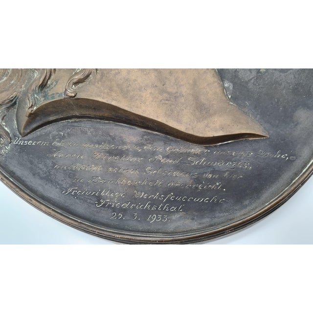 Mid-Century Modern Vintage German Portrait Bas-Relief in Dark Brown Bronze, 1933 For Sale - Image 3 of 15