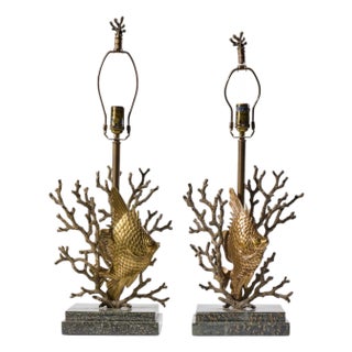 Late 20th Century Theodore Alexander Brass Fish and Coral Table Lamps - Pair For Sale