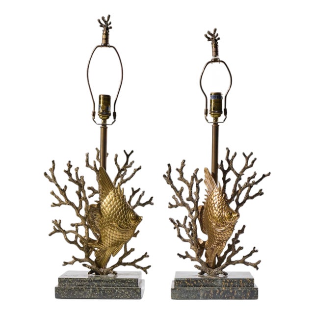 Late 20th Century Theodore Alexander Brass Fish and Coral Table Lamps - Pair For Sale