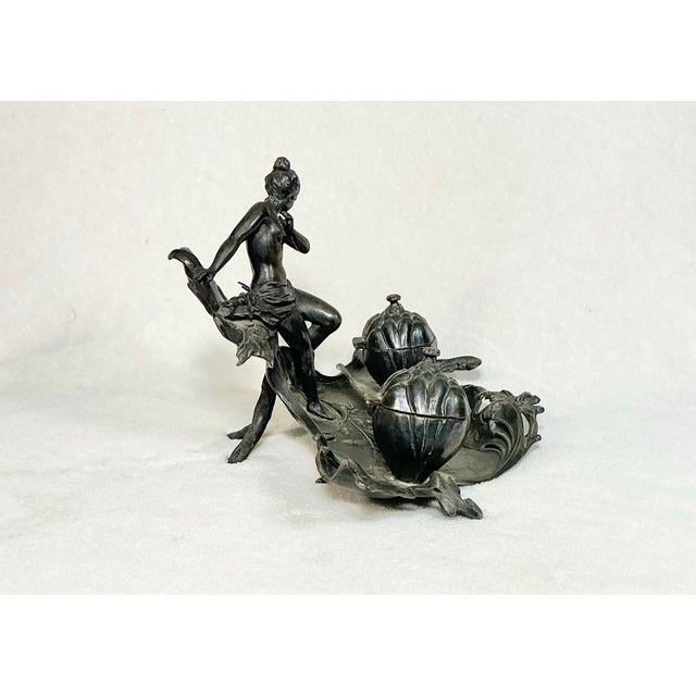 Art Nouveau Antique Art Nouveau Pewter Double Inkwell Naked Woman Dragonfly, C. 1880s-1900s For Sale - Image 3 of 12