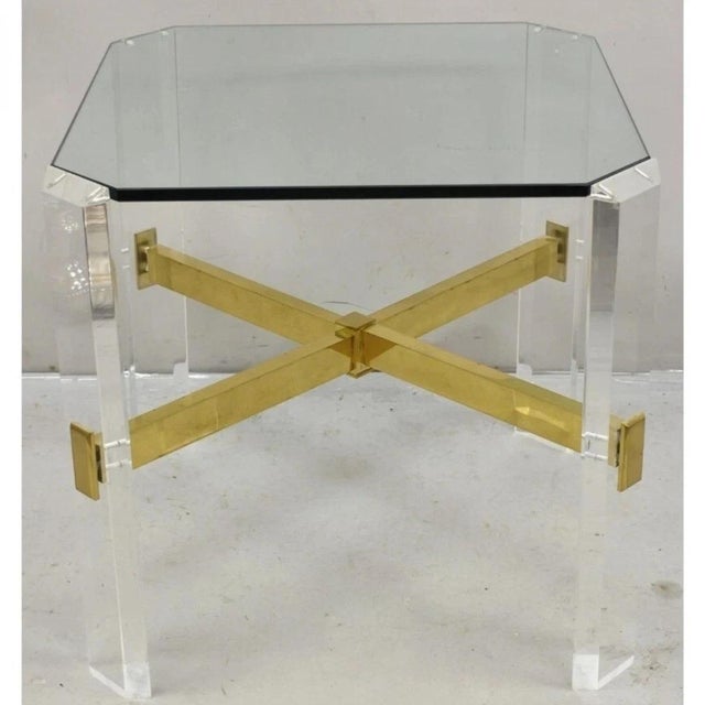 Vintage Mid Century Modern Lucite & Glass Brass Stretcher Occasional Side Table. Circa Late 20th Century. Measurements:...