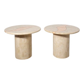 Post Modern Tessellated Stone Abstract Brass Inlay Pedestal Tables - a Pair For Sale