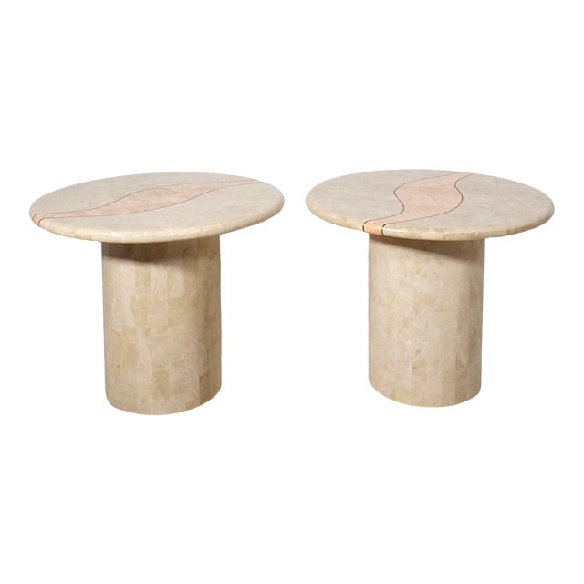 Post Modern Tessellated Stone Abstract Brass Inlay Pedestal Tables - a Pair For Sale