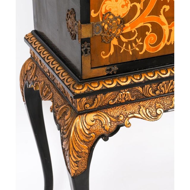Textile Antique Black Lacquered Marquetry Cocktail Cabinet on Stand, 1930s For Sale - Image 7 of 15